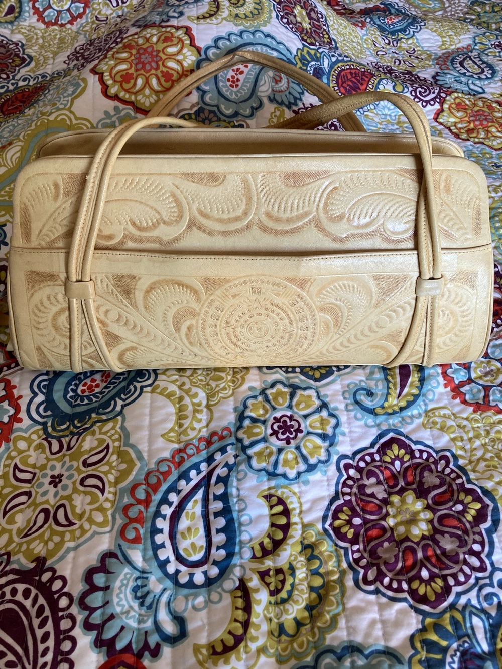 Tooled Leather Shoulder Bag in Cream